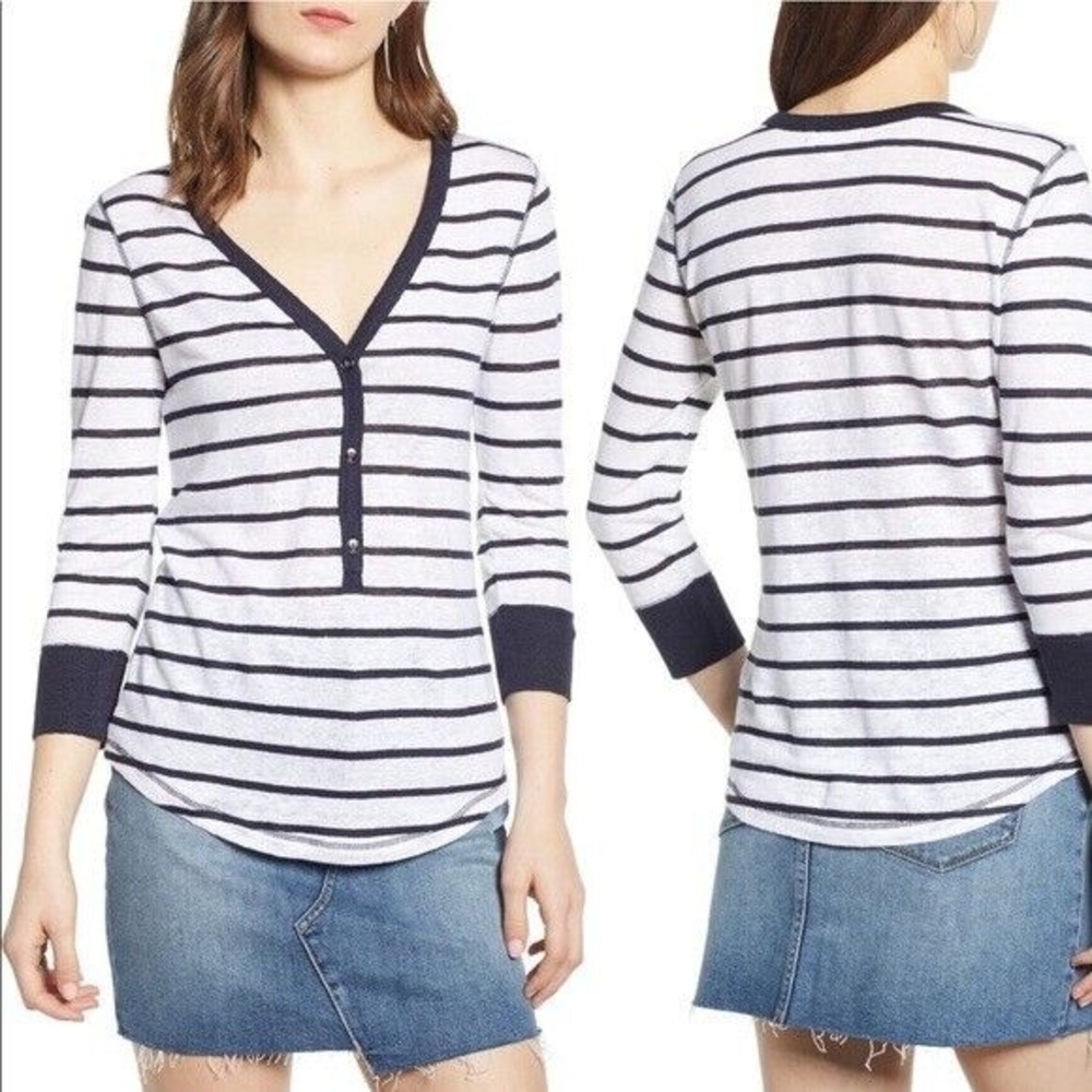 Treasure & Bond Large Striped Henley Top Navy Blue Button Front V-Neck Linen